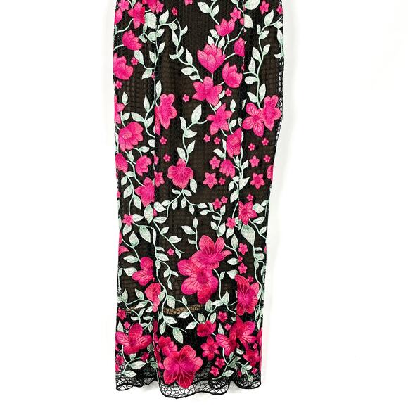Marchesa Black Pink Floral Column Dress Embroidered Back Zip Sleeveless Sz 0 - Picture 7 of 12